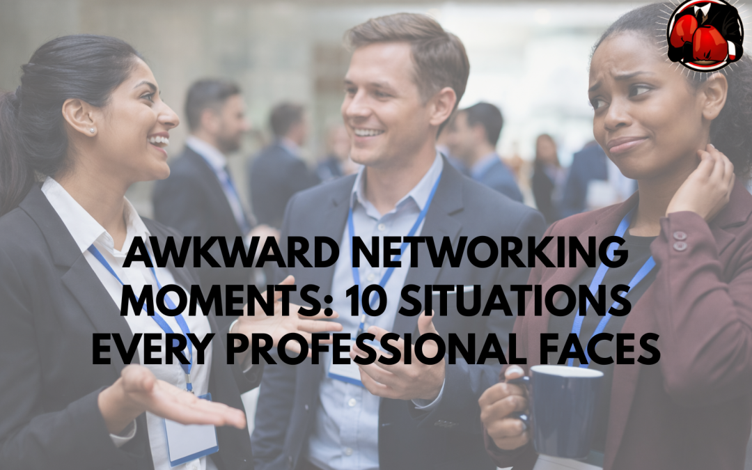 Professionals experiencing an awkward networking moment during a business networking event