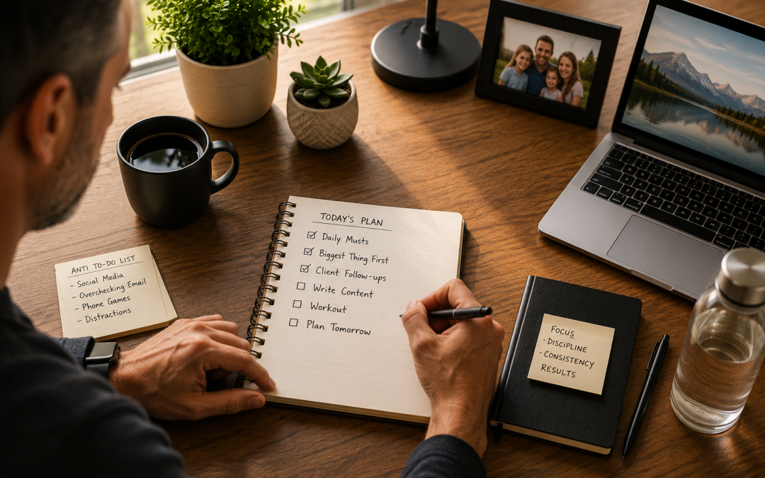 Person planning daily habits to build more discipline and productivity at a home office desk